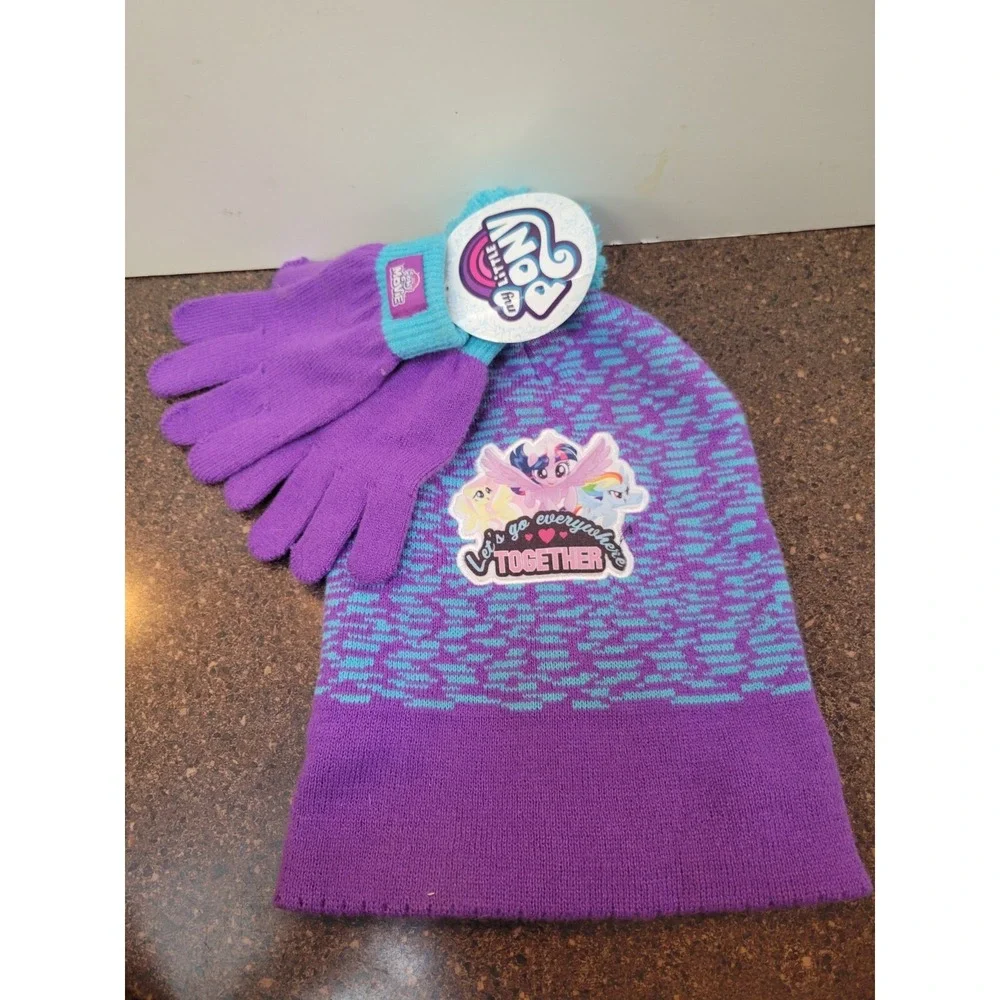 My Little Pony Winter Beanie Hat & Gloves Set Girls Purple Pom Pom Warm Cozy